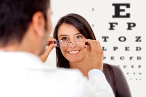 Woman wearing glasses after taking a vision test at the doctor-1